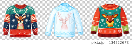 A set of illustrations of Christmas sweaters with reindeer on a transparent background, PNG image 134522678
