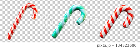 A set of 3D illustrations of Christmas candy canes in different colors on a transparent background, PNG image 134522680