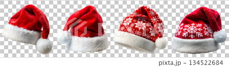 Set of Christmas Santa hats on transparent background, PNG image 134522684