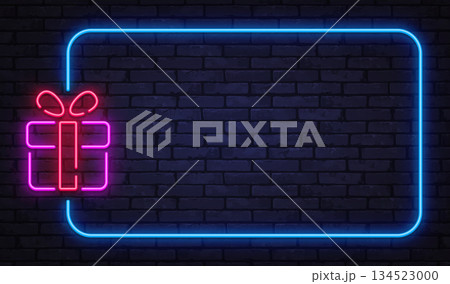 Bright neon vector frame with gift box symbol and glowing ribbon. Perfect for holiday offers, special deals, and celebration themed layouts. Bright neon vector frame with gift box symbol and glowing ribbon. Perfect for holiday offers, special deals, and celebration themed layouts. 134523000