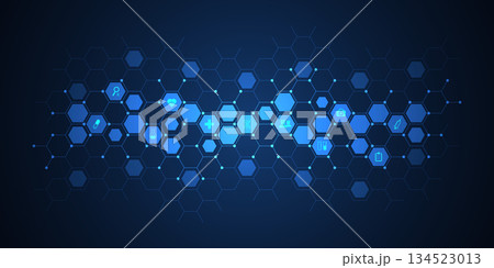Healthcare and technology concept with flat icons and symbols. Template design for health care business, innovation medicine, pharmaceutical industry, science, medical research. 134523013