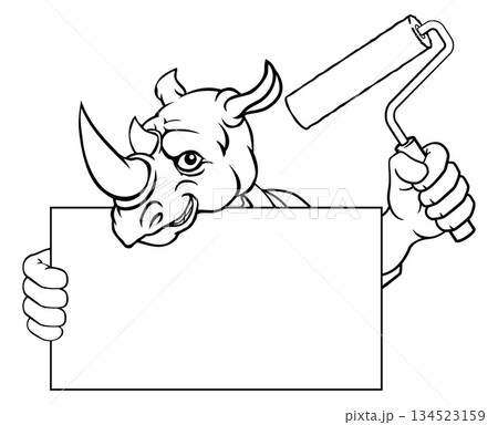 Rhino Painter Decorator Paint Roller Mascot Man 134523159