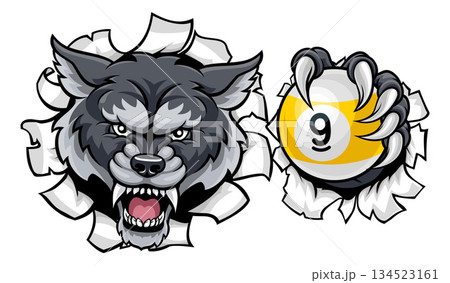 Wolf and 9 Ball Nine Ball Pool Cartoon Mascot Wolf and 9 Ball Nine Ball Pool Cartoon Mascot 134523161