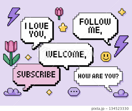 Welcome and subscribe text in pixel art speech bubbles. Retro 8bit social media communication vector illustration Welcome and subscribe text in pixel art speech bubbles. Retro 8bit social media communication vector illustration 134523330