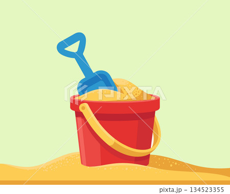 Plastic sand bucket full of sand with shovel. Kids summer beach toy vector icon 134523355