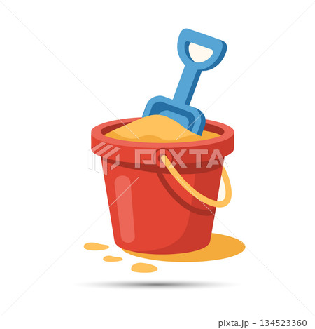 Plastic sand bucket full of sand with shovel. Kids summer beach toy vector icon 134523360