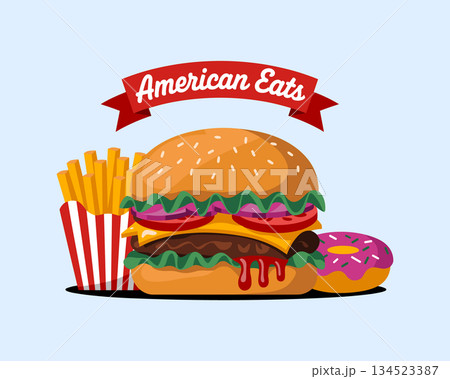 Fast food set with burger fries and donut. American junk food label vector design Fast food set with burger fries and donut. American junk food label vector design 134523387