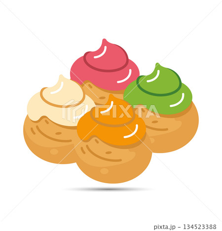 Sweet cream puffs with colorful topping. Baked pastry dessert food vector illustration 134523388