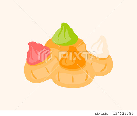 Sweet cream puffs with colorful topping. Baked pastry dessert food vector illustration Sweet cream puffs with colorful topping. Baked pastry dessert food vector illustration 134523389