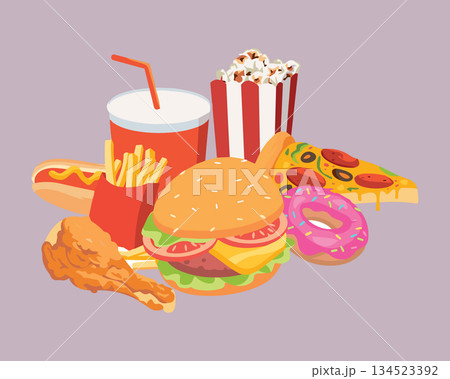 Fast food meal set with burger pizza and soda. Junk food lunch dinner menu vector illustration 134523392