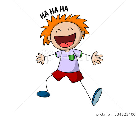 Happy cartoon boy walking and laughing loud. Funny kid character vector illustration Happy cartoon boy walking and laughing loud. Funny kid character vector illustration 134523400