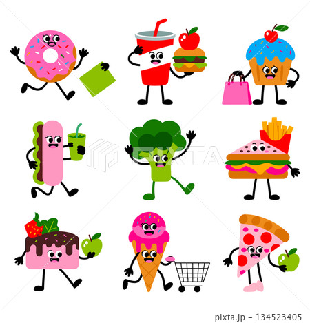 Funny fast food characters walking set. Junk food mascot collection vector illustration Funny fast food characters walking set. Junk food mascot collection vector illustration 134523405