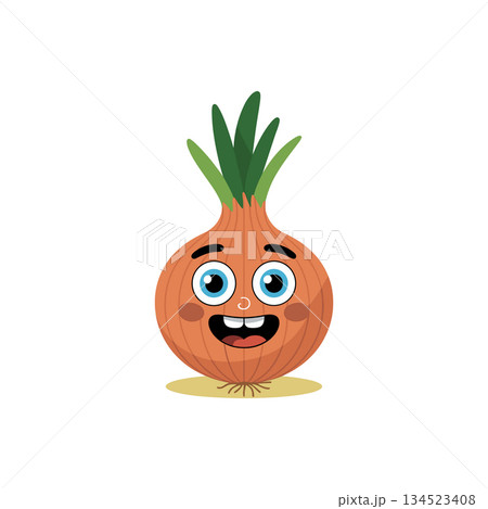 Cute brown onion vegetable character smiling. Fresh cooking ingredient mascot vector illustration 134523408