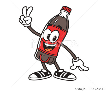 Red soda bottle character showing peace sign. Carbonated drink mascot vector illustration 134523410