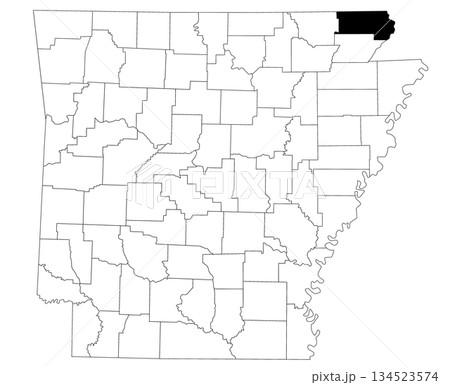 Map of clay County in Arkansas state on white background. Single county map highlighted by black colour on Arkansas map. UNITED STATES, US 134523574