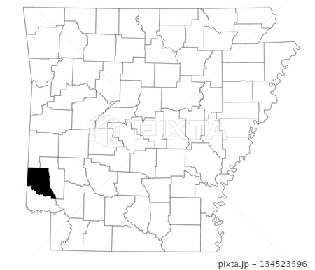 Map of sevier County in Arkansas state on white background. Single county map highlighted by black colour on Arkansas map. UNITED STATES, US 134523596