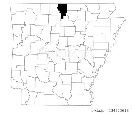 Map of Baxter County in Arkansas state on white background. Single county map highlighted by black colour on Arkansas map. UNITED STATES, US 134523618