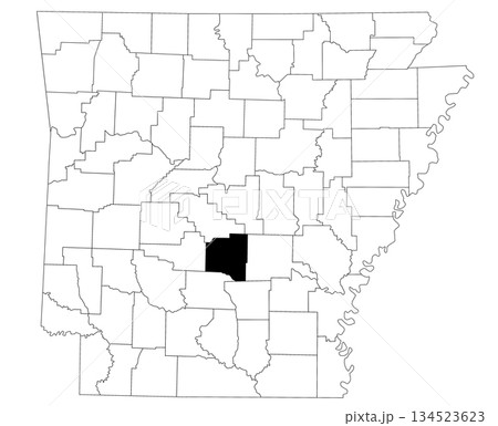 Map of grants County in Arkansas state on white background. Single county map highlighted by black colour on Arkansas map. UNITED STATES, US 134523623