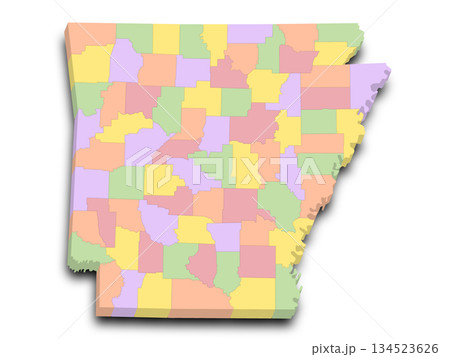 Arkansas map in 3D and his counties highlighted by different colours 134523626
