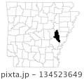 Map of Monroe County in Arkansas state on white background. Single county map highlighted by black colour on Arkansas map. UNITED STATES, US 134523649