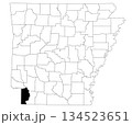 Map of Miller County in Arkansas state on white background. Single county map highlighted by black colour on Arkansas map. UNITED STATES, US 134523651