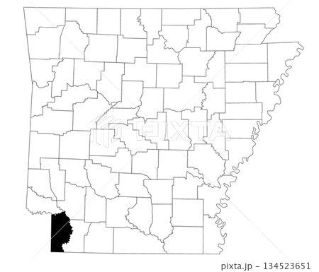 Map of Miller County in Arkansas state on white background. Single county map highlighted by black colour on Arkansas map. UNITED STATES, US Map of Miller County in Arkansas state on white background. Single county map highlighted by black colour on Arkansas map. UNITED STATES, US 134523651