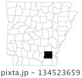 Map of drew County in Arkansas state on white background. Single county map highlighted by black colour on Arkansas map. UNITED STATES, US 134523659