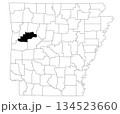 Map of Logan County in Arkansas state on white background. Single county map highlighted by black colour on Arkansas map. UNITED STATES, US 134523660