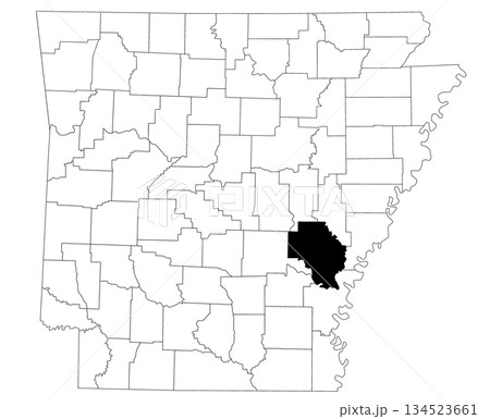Map of Arkansas County in Arkansas state on white background. Single county map highlighted by black colour on Arkansas map. UNITED STATES, US 134523661