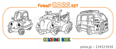 Funny vintage cars with eyes. Coloring book set 134523938