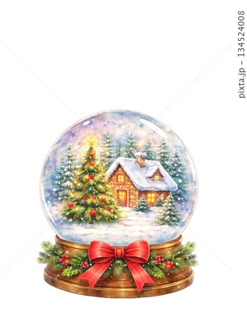 水彩スノードームのクリスマスツリーと雪の家　冬の森の幻想イラスト　背景透過 134524008
