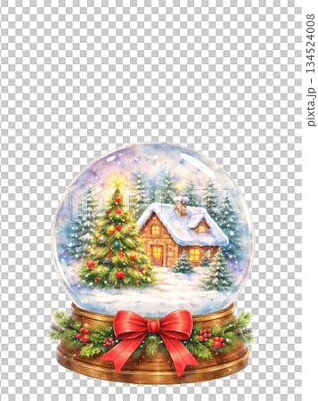 水彩スノードームのクリスマスツリーと雪の家　冬の森の幻想イラスト　背景透過 134524008