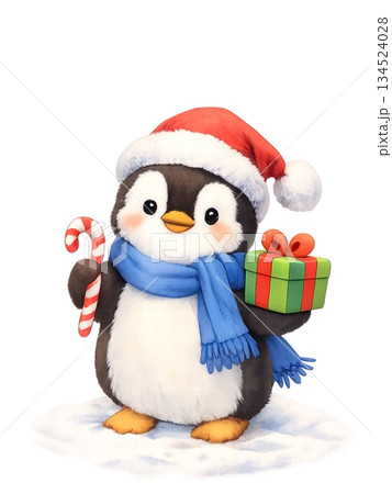 サンタ帽と青いマフラーのペンギン　プレゼントを持った可愛いクリスマスイラスト 134524028