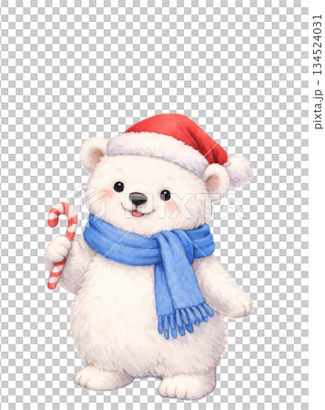 一幅水彩聖誕插畫，描繪了一隻戴著藍色圍巾、拿著拐杖糖的北極熊。 134524031