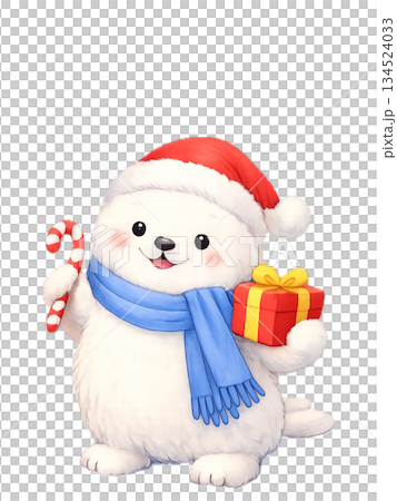 水彩タッチのアザラシのクリスマスイラスト　青いマフラーとプレゼントを持つかわいいあざらし 134524033