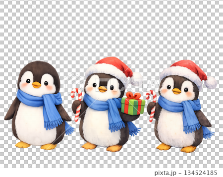 青いマフラーのクリスマスペンギン3体セット 横並びのかわいい冬イラスト 134524185