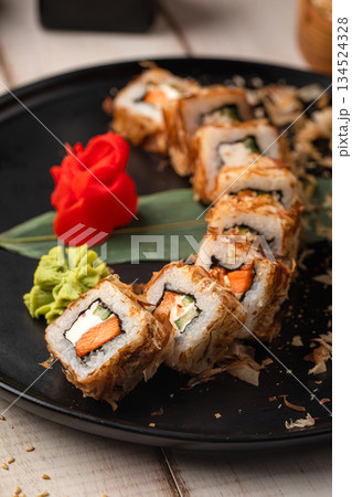 Bonito sushi rolls with tuna flakes Bonito sushi rolls with tuna flakes 134524328