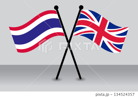 Crossed Flags of Thailand and the UK, Waving Flags Flat Style. Official Proportion. 134524357