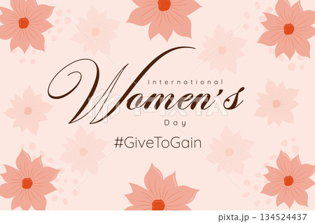 March 8th celebration banner with decorative blooming flowers and empowerment slogan. 134524437