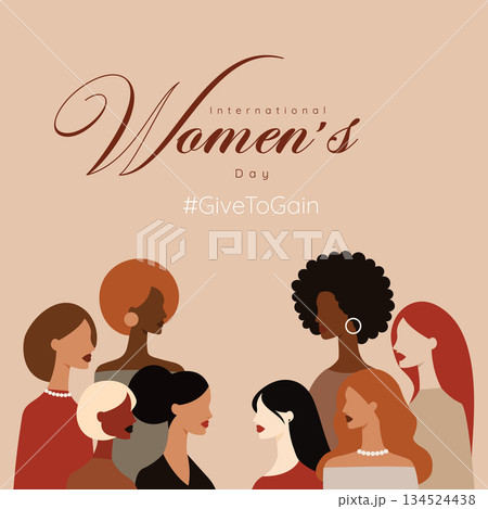 International Women Day greeting card with diverse group of women standing together celebrating female empowerment and sisterhood. 134524438