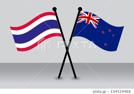 Crossed Flags of Thailand and NewZealand Waving Flags Flat Style. Official Proportion. 134524468
