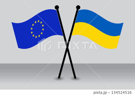 Crossed Flags of the EU and Ukraine, Representing Solidarity. Crossed Flags of the EU and Ukraine, Representing Solidarity. 134524516