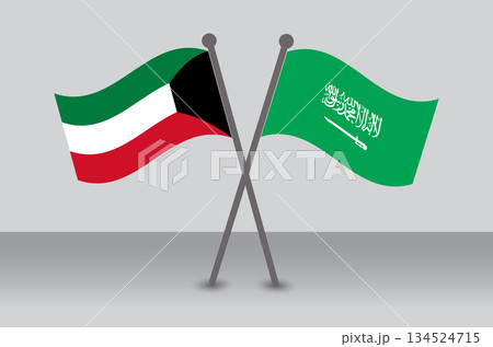 Crossed Flags of Kuwait and Saudi Arabia. Saudi Arabia Combined with Kuwait Isolated. Diplomacy and International Relations. 134524715