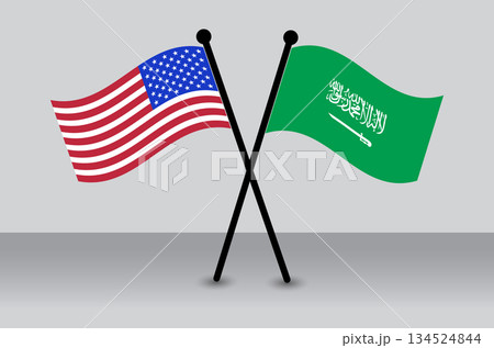 Crossed Flags of the USA and Saudi Arabia Illustrating Diplomacy. Saudi Arabia Combined with USA.. 134524844