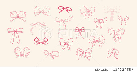 Thin ribbon bow accessory pink coquette set. Whimsical gift element vintage hand drawn for romantic invitation, birthday, card, wedding design Thin ribbon bow accessory pink coquette set. Whimsical gift element vintage hand drawn for romantic invitation, birthday, card, wedding design 134524897