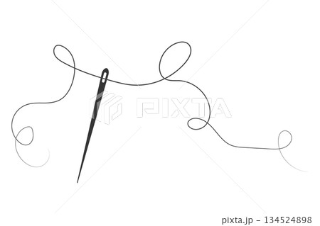 Elegant needle with thread. Needle symbol and curved thread, tailor and shoemaker needlework tool, sewing element. Small tattoo, print for clothes 134524898