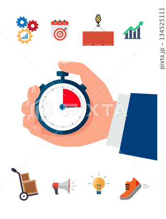 Hand holds a stopwatch in his hand and marks the time. Vector illustrator stock illustration Hand holds a stopwatch in his hand and marks the time. Vector illustrator stock illustration 134525111