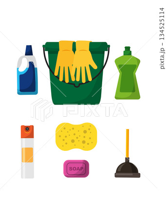 Household cleaning products icon set vector stock illustration. Cleaning and disinfection tool. Household supplies stock illustration. Household cleaning products icon set vector stock illustration. Cleaning and disinfection tool. Household supplies stock illustration. 134525114