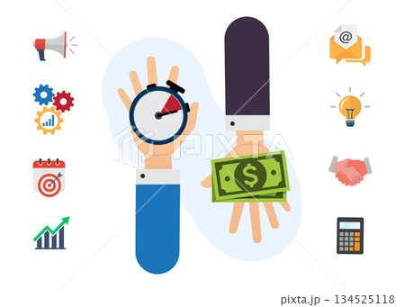 Timer hand and money. Business management. Stopwatch icon vector. Fast money. Time management. Vector stock illustration. 134525118