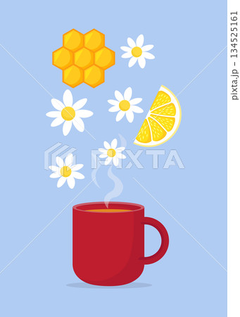 Cup of hot chamomile tea on color background 134525161